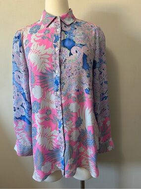 Rose & Olive Multicolor Watercolor Paisley Silky Chiffon Button-Up Blouse Medium